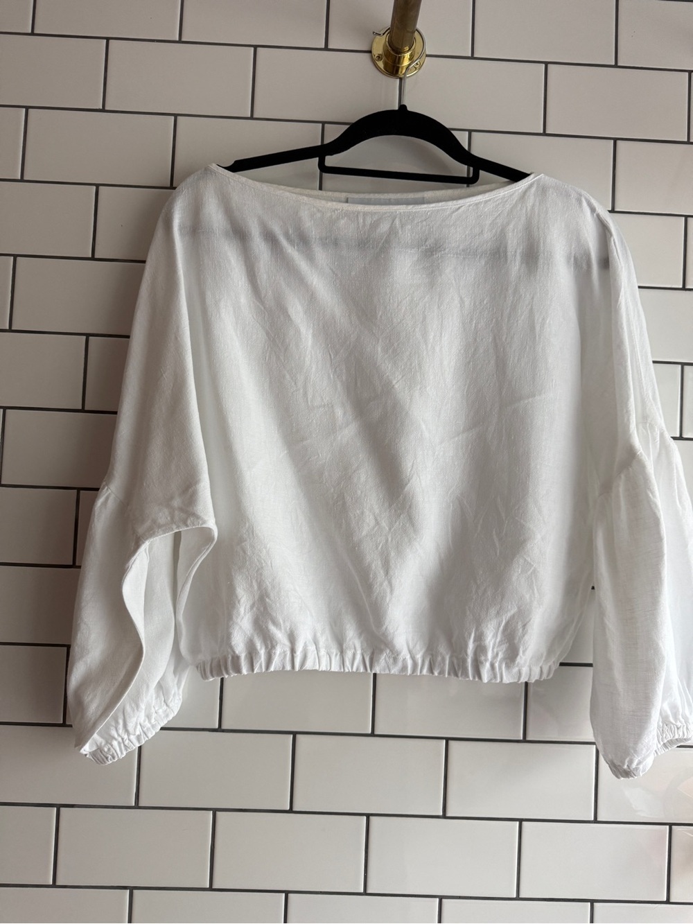 Women's Designer White Linen Boatneck Elastic-Hem Blouse